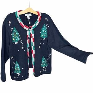 Lisa International Vintage Christmas Tree Cardigan Embellish Holiday Sweater XL